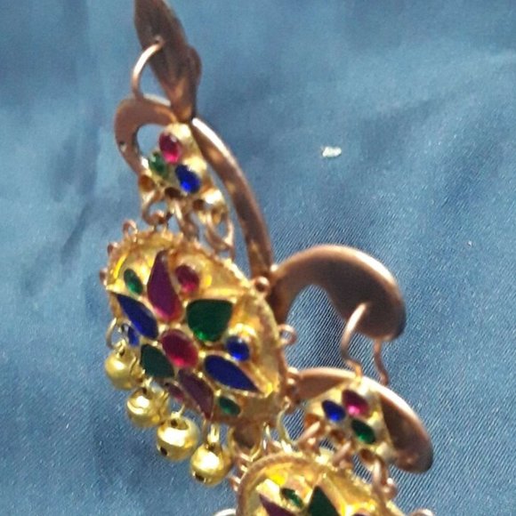 Golden Kuchi Dangle Earrings: Multicolor Glass Stone Tribal Jewelry - Picture 4 of 8